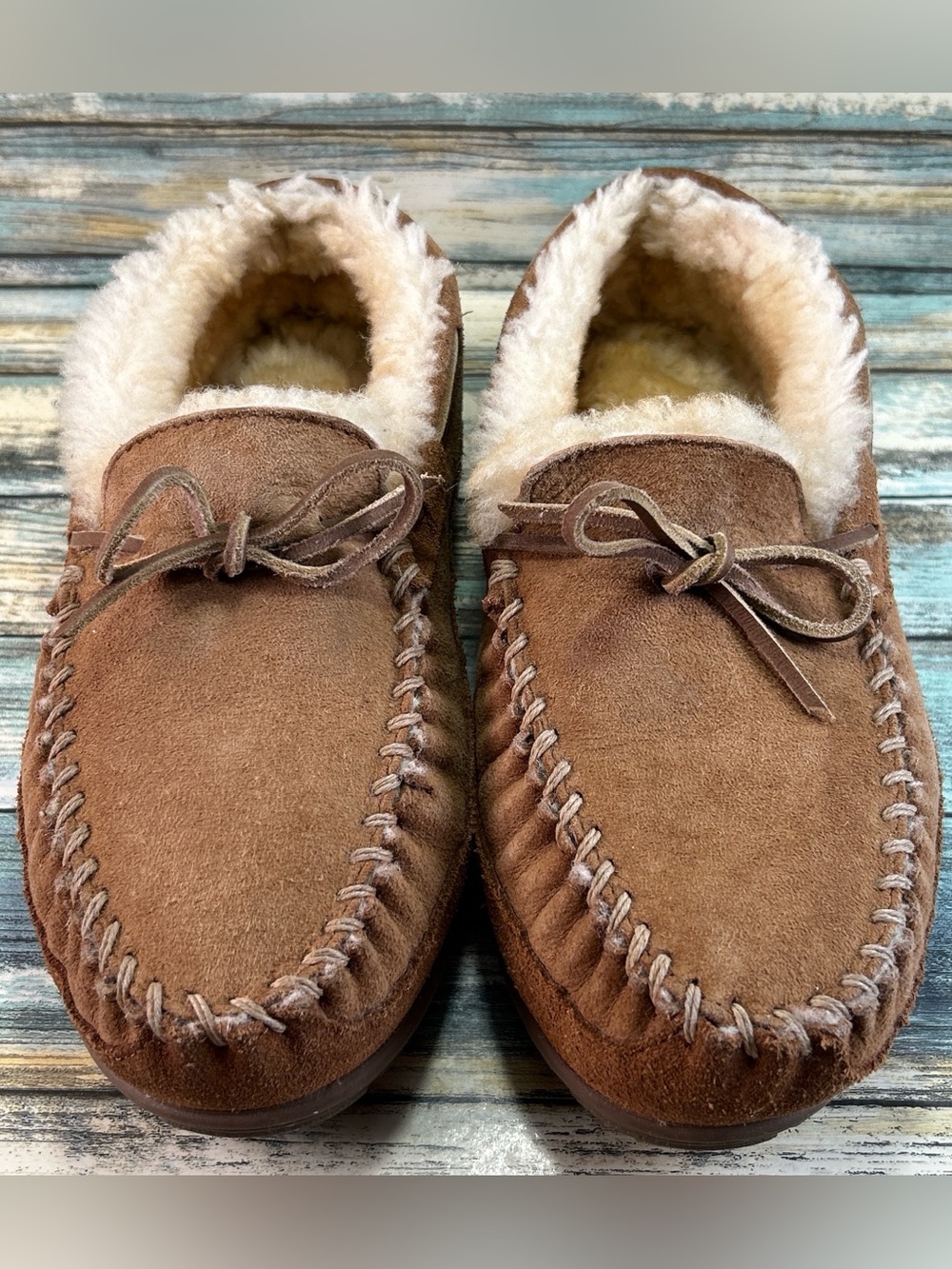 LL BEAN Wicked Good Moccasin Slippers 9M Indoor Outdoor Shearling Brown Suede